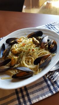 冷凍ムール貝でパスタ